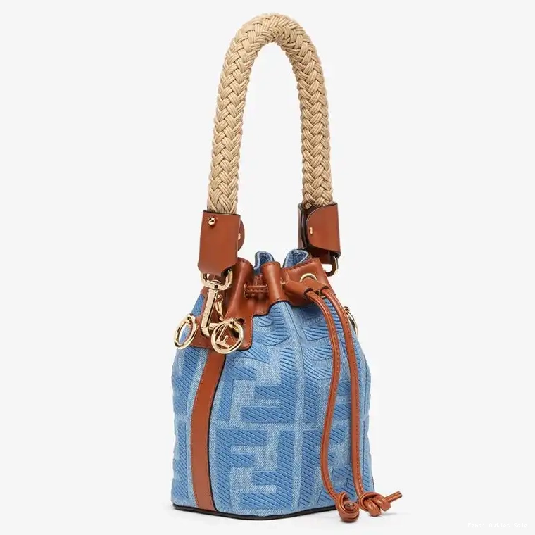 Affordable Handle Bucket Straw Bag In Mon Mini with FF Motif Fendi Tresor Blue Straw 0409
